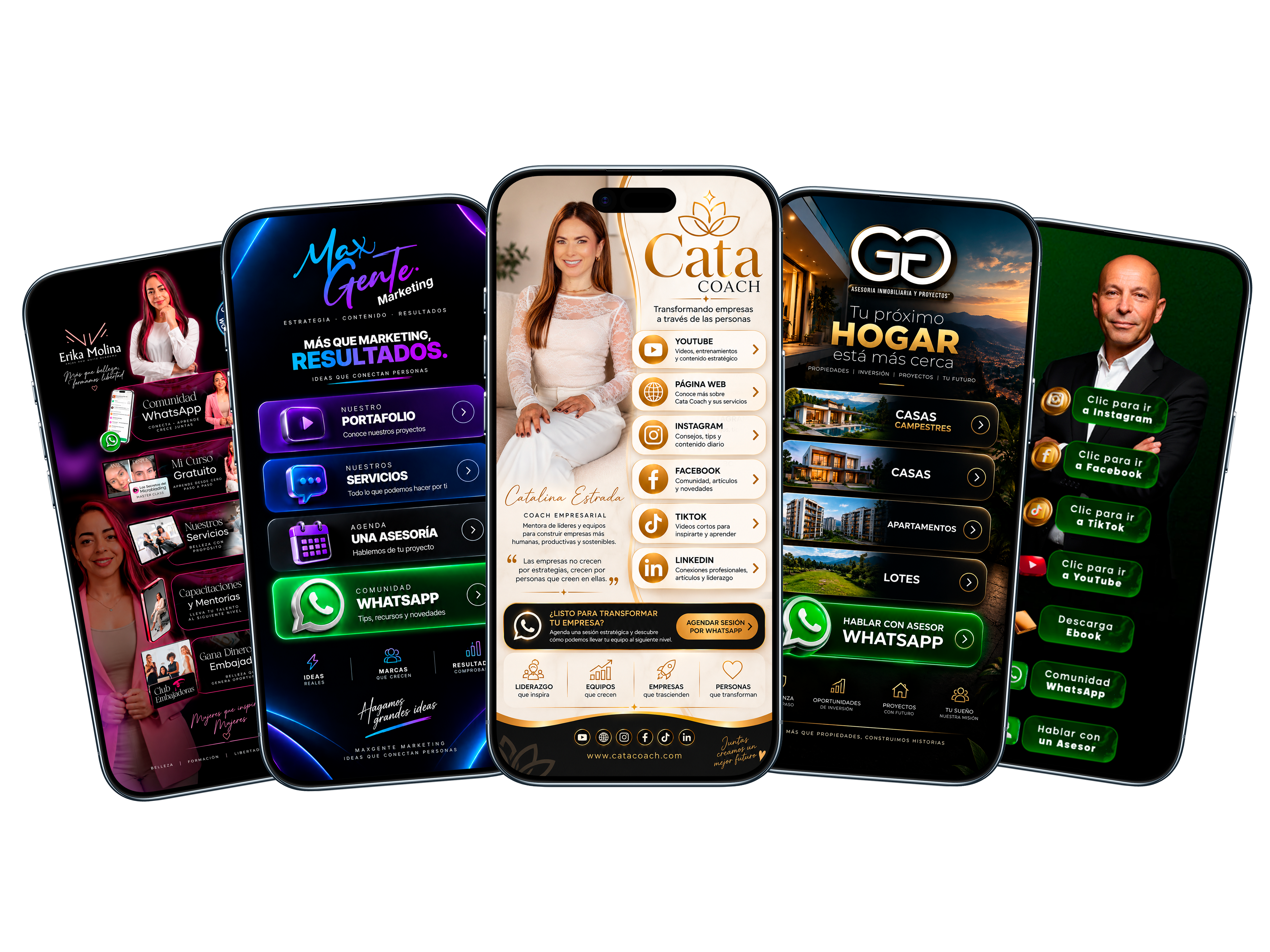 Páginas de links profesionales creadas con VYNALINKS — ejemplos reales de Erika Molina, MaxGente Marketing, Cata Coach y GC Inmobiliaria